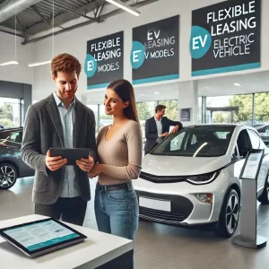 a modern car dealership with a young millennial couple discussing car leasing options with a sales representative.